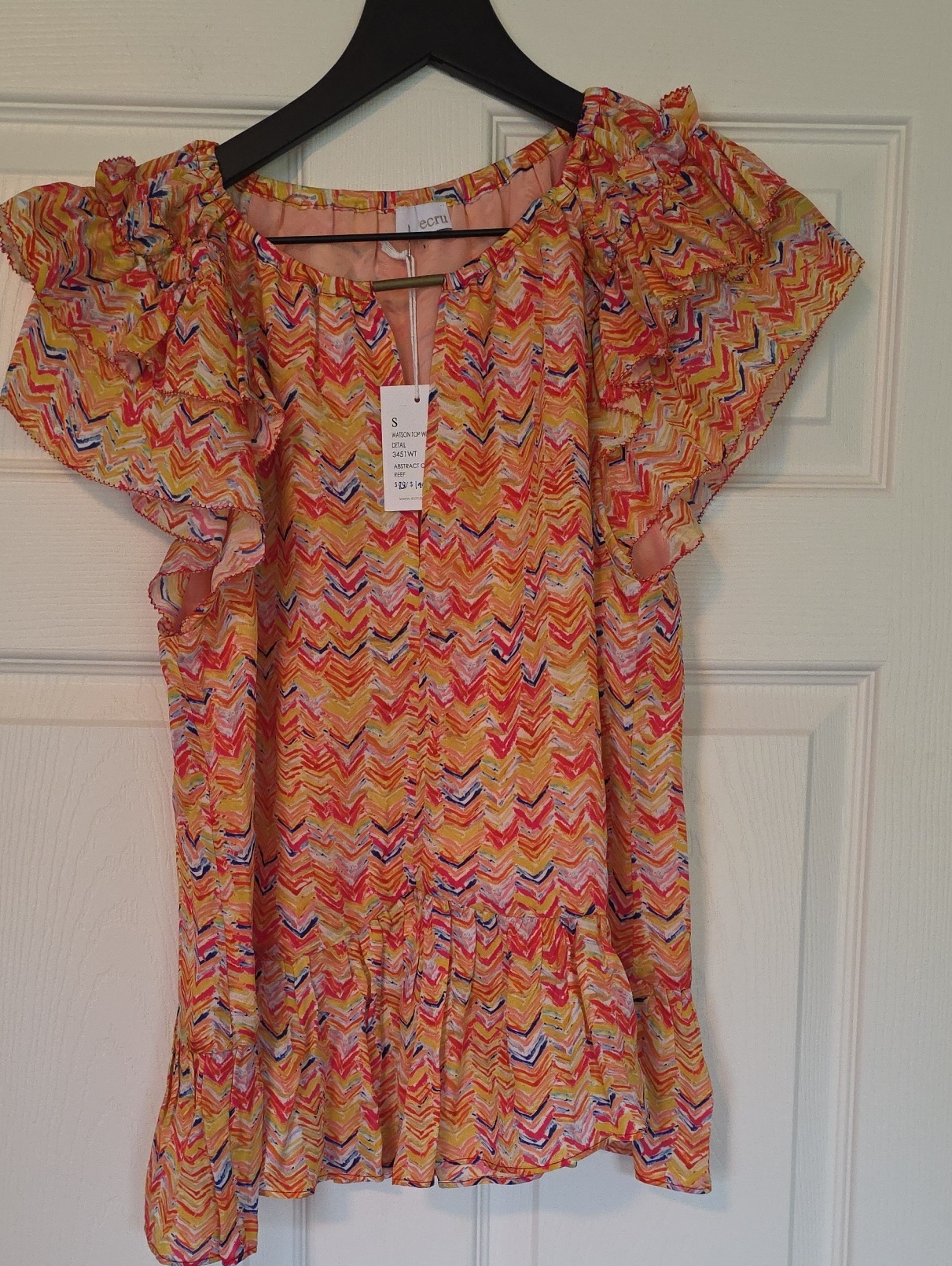 Ecru Yellow Multi Chevron Ruffle-Sleeve Blouse